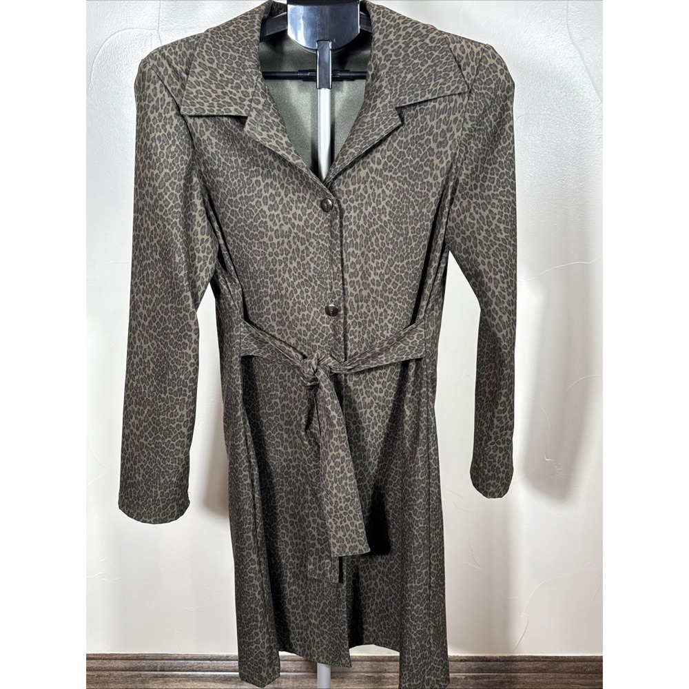 A Aubrey Vintage Trench‎ Coat Leopard Print Belted Olive Green Medium